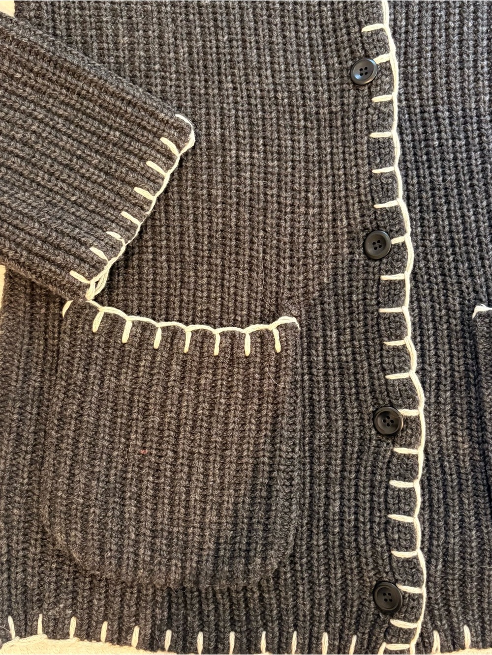 Alex Mill Marleybone Sweater Jacket Gray Waffle Knit Cardigan Cream Whipstitch - Picture 5 of 12